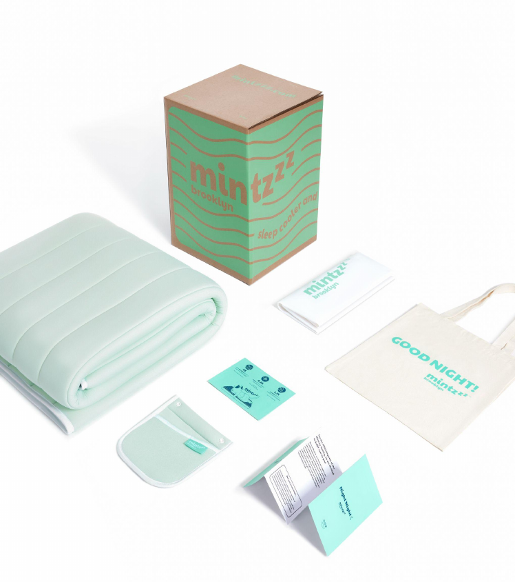 Mintzzz unboxing flat lay — Chill-Pad, mini pad, brochure, tote bag, packaging box
