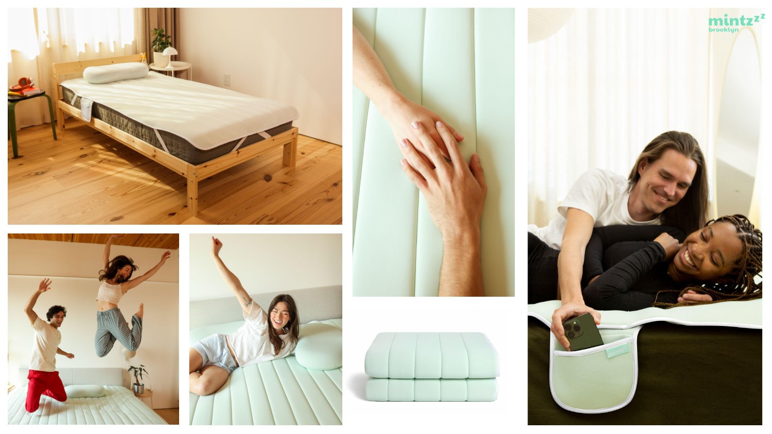 Mintzzz brand world — beds, hands, jumping, the product in everyday life