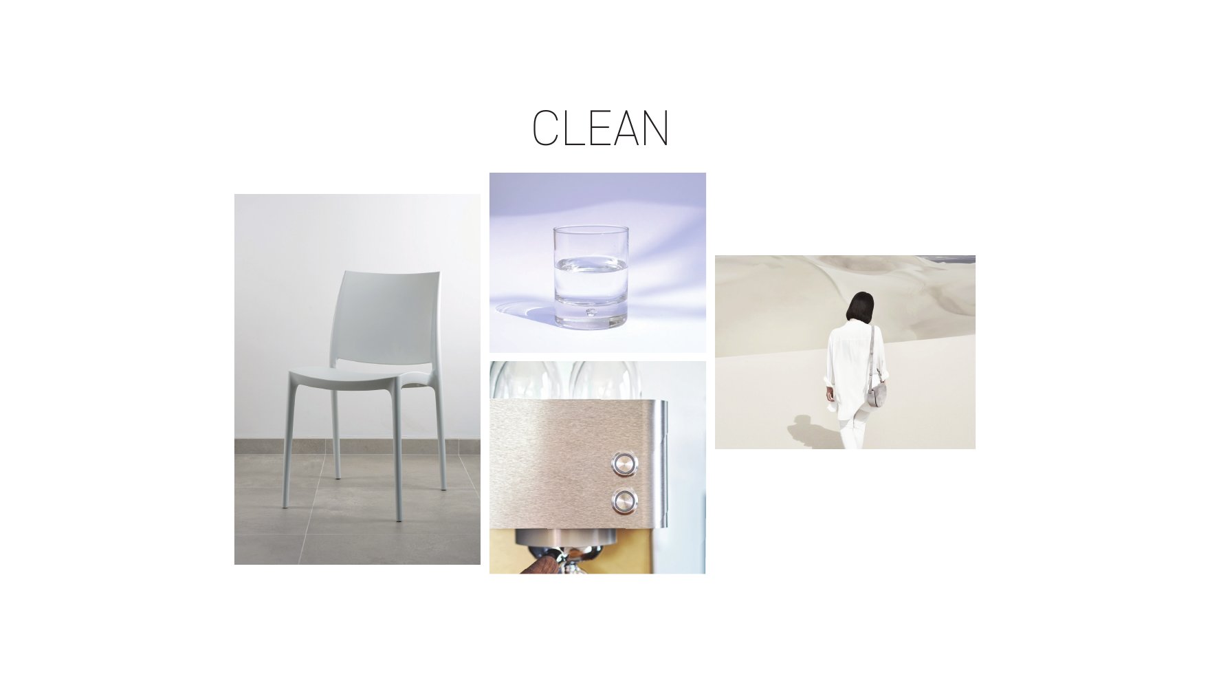 CLEAN — moodboard: chair, glass of water, faucet detail, figure in desert