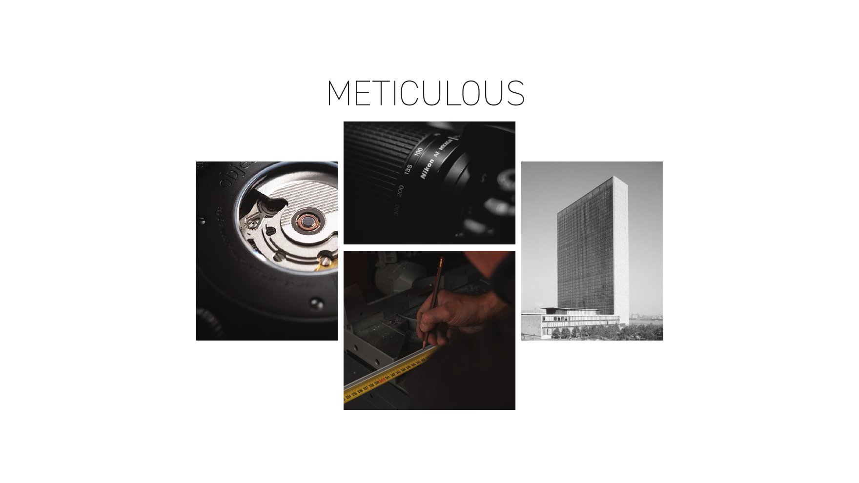 METICULOUS — moodboard: watch movement, camera lens, measuring, architecture