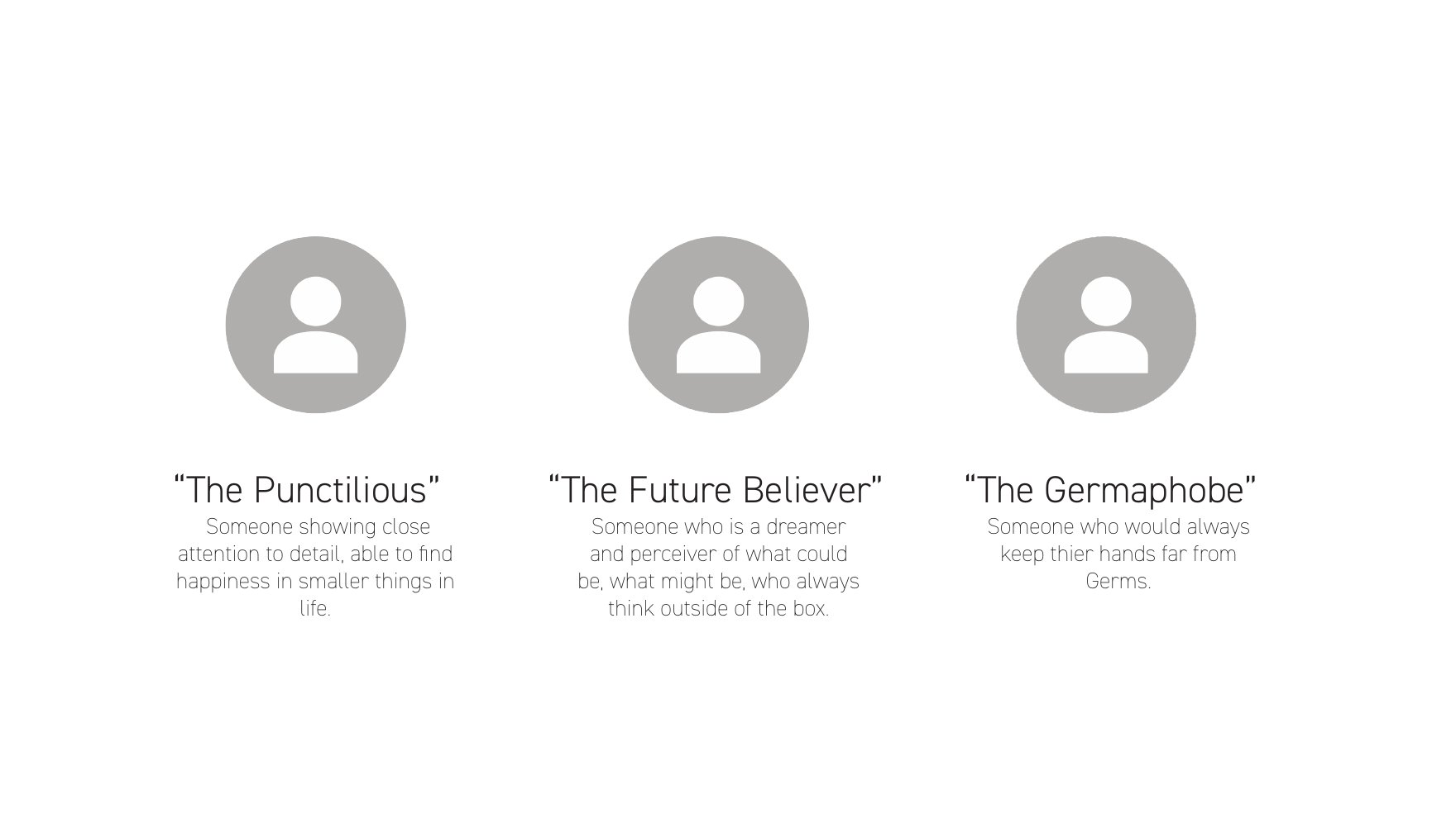 Three target personas — Punctilious, Future Believer, Germaphobe